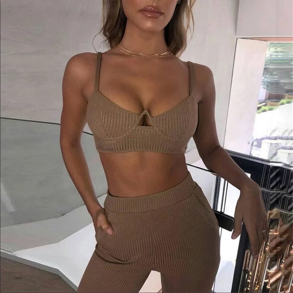 SheIn Laura Brown Ribbed Set Highwaist New - Picture 6 of 8